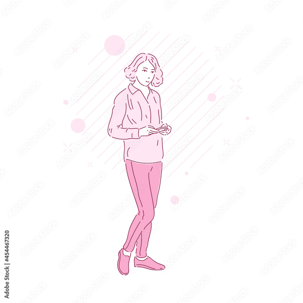 A young girl looks ahead. A modern illustration in a realistic style. A linear drawing of a person. A young girl looks ahead. A modern illustration in a realistic style. A linear drawing of a person.