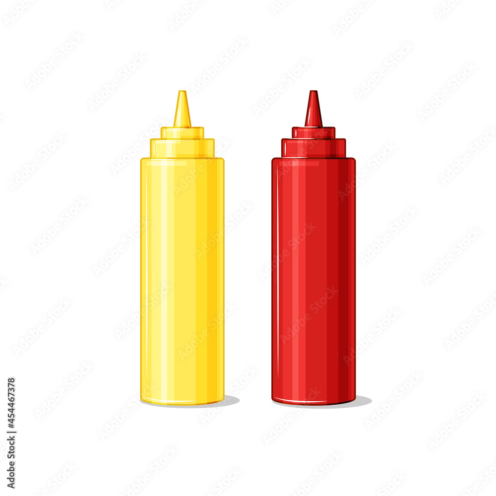 Bottles with ketchup and mustard on a white isolated background. Sauces. Vector cartoon illustration Bottles with ketchup and mustard on a white isolated background. Sauces. Vector cartoon illustration