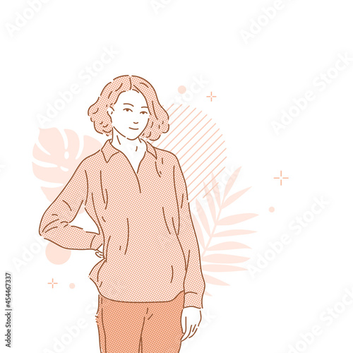 A young pretty girl looks at the viewer. A nice woman is standing in outerwear. Vector illustration.