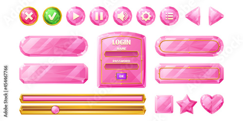 Pink diamond buttons for user interface design in game, video player or website. Vector cartoon set of crystal ui elements in golden frame, check and cross marks, shaped buttons and login frame