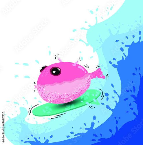 Cute little fish hedgehog vector illustration. Flat design, happily surfing in the sea.
