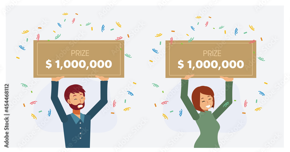 Set of man and woman win lottery,win the prize,Holding bank check,prize sign banner.Flat vector 2D cartoon character illustration. Set of man and woman win lottery,win the prize,Holding bank check,prize sign banner.Flat vector 2D cartoon character illustration.