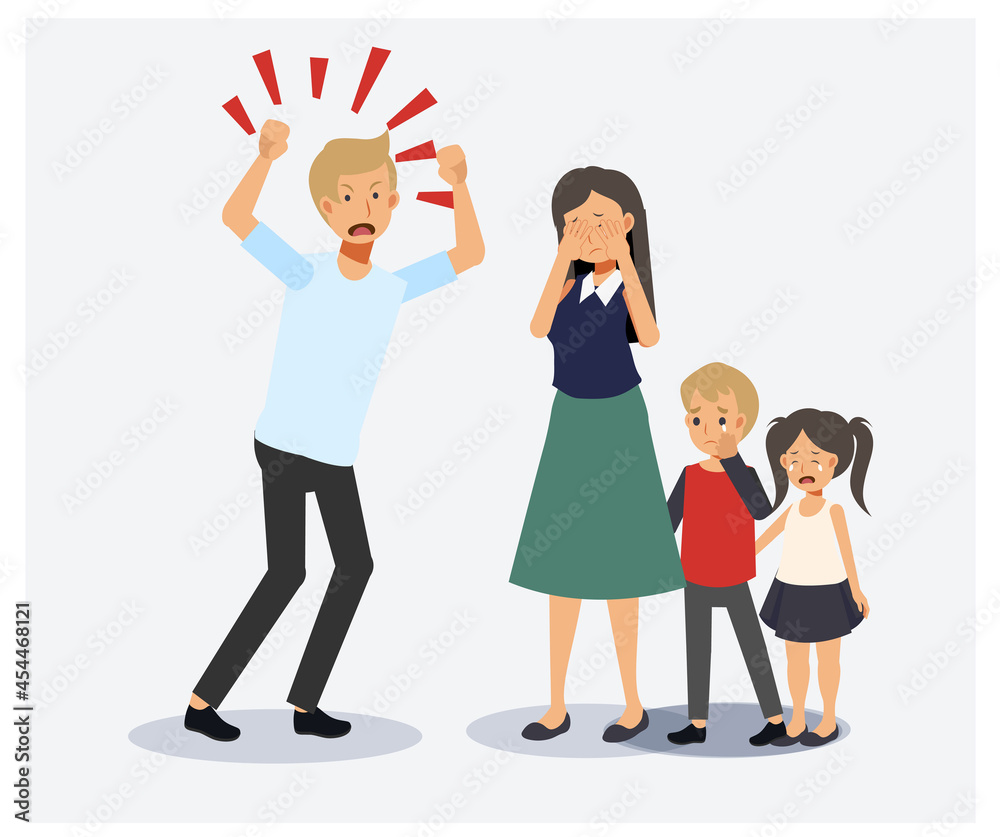 Obraz premium Family conflict. Angry, unhappy people.violence between husband and wife. Scold abuse, frightened children. Flat vector 2D cartoon character illustration.
