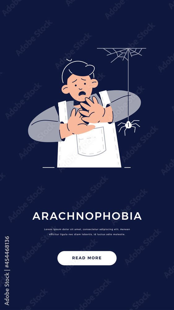 Fear of Spiders, Arachnophobia banner. Scared Child Character is afraid