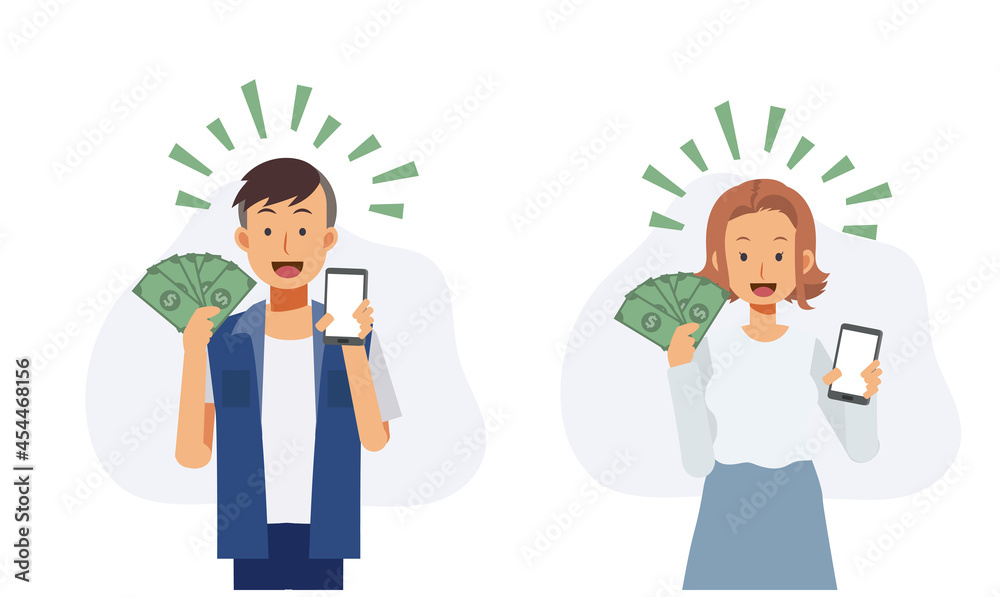 Set of man and woman holding smartphone and money in hand to showing how to make money online.Flat vector 2D cartoon character illustration. Set of man and woman holding smartphone and money in hand to showing how to make money online.Flat vector 2D cartoon character illustration.