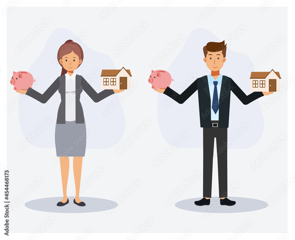 saving money for home concept. Set of man and woman holding piggy bank and house in hands.Flat vector 2d cartoon character illustration. saving money for home concept. Set of man and woman holding piggy bank and house in hands.Flat vector 2d cartoon character illustration.