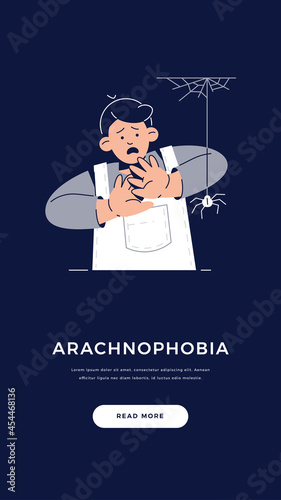 Fear of Spiders, Arachnophobia banner. Scared Child Character is afraid of spider. Phobias, Childhood Irrational Fears, Anxiety Disorder, Scared Faces emotion concept for web.Flat vector illustration