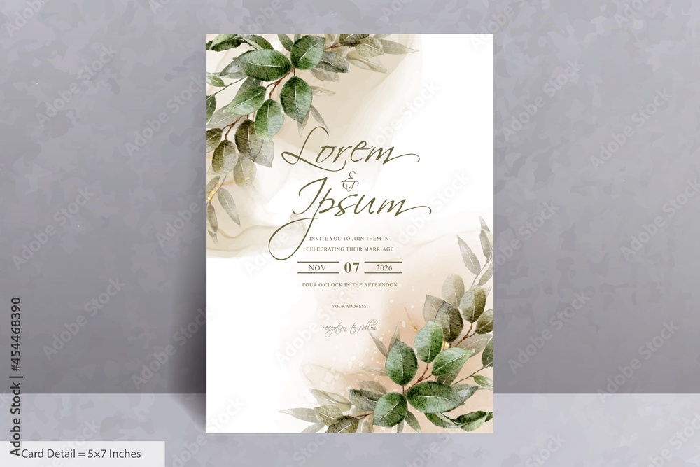 Set of Greenery Watercolor Wedding Invitation card Template with hand drawn leaves
