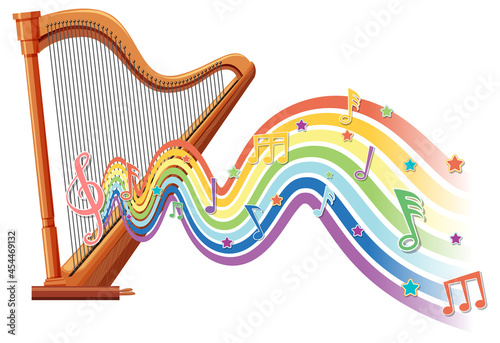 Harp with melody symbols on rainbow wave