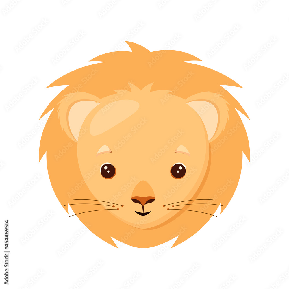 Obraz premium The head of a cute lion on a white background. Children's illustration of an animal in a cartoon style.