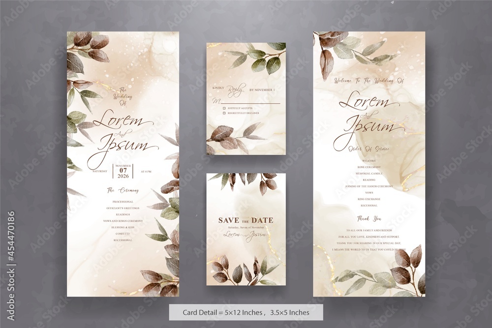 Set of Greenery Watercolor Wedding Invitation card Template with hand drawn leaves