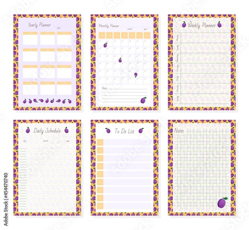 Set of planner page templates decorated with fruits. Yearly, monthly, weekly and daily organizers on background of plum pattern. Vector 10 ESP.

