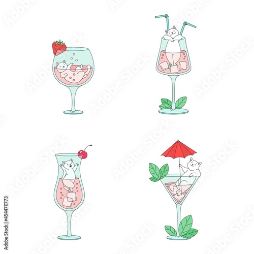 Collection of cute kittens with cocktails. Summer illustration of funny white cats playing in cocktail glasses decorated with ice cubes, mint leaves, cocktail tubes, cherry  and umbrella. 