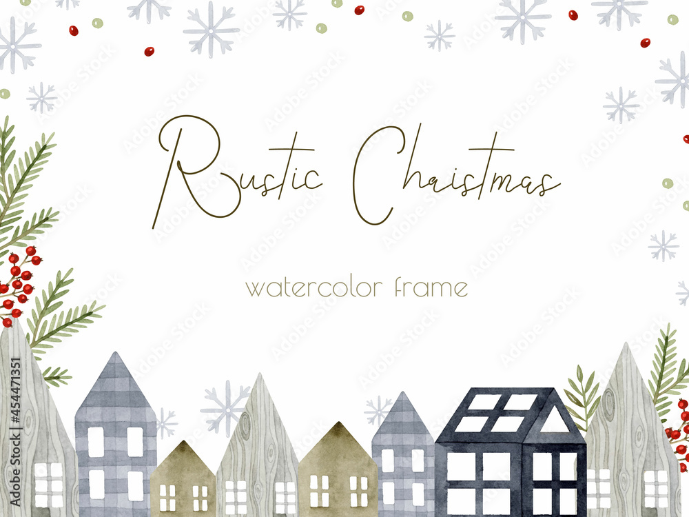Rustic cozy houses Christmas frame template background 