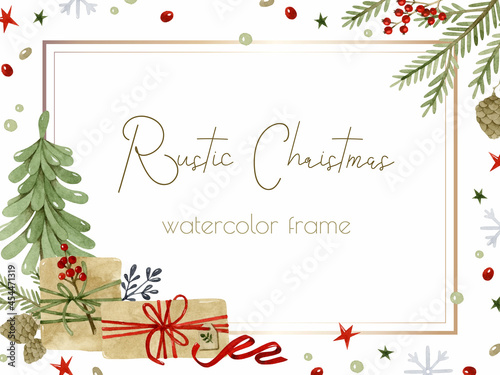 Rustic gifts and Christmas tree watercolor frame template	 