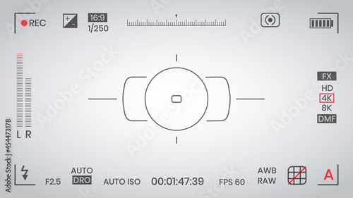 Camera viewfinder video or photo frame recorder flat style design vector illustration. Digital camera viewfinder with exposure settings and focusing grid template.