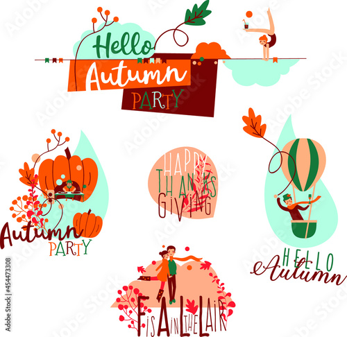 Hello Autumn Thanksgiving Party Sale Cute Illustration Art Banner Elements Fall Season  Autumn Party Template Leaves Decor Lettering