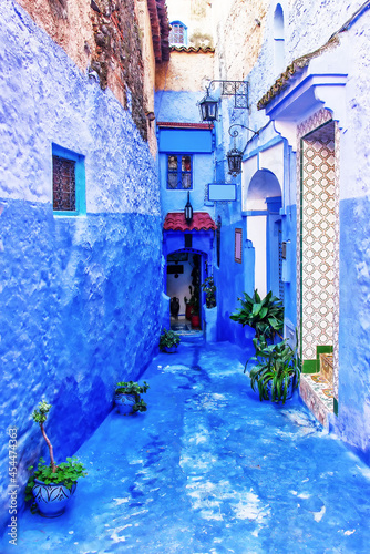 Beautiful street in the blue medina of Chefchaouen, Morocco