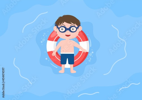 Cute Little Kids Swimming Background Vector Illustration in flat cartoon style. people dressed in swimwear, swim in summer and performing water activities © denayune
