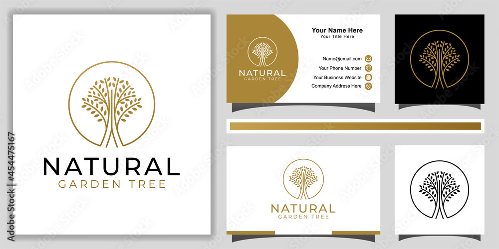 Naklejka premium nature golden branched tree of life with line art style logo design for decoration, garden forest with business card