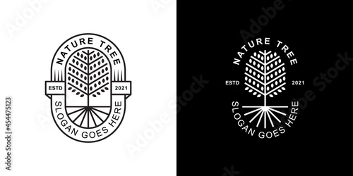 nature golden branched tree of life with line art style badge logo design for decoration, garden forest
