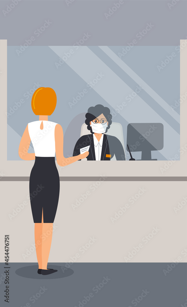 Obraz premium Bank office is open during epidemic of virus.Employee in protective medical mask behind counter serve customer.Client stand in hall near cash register window and talk to clerk.Vector flat illustration