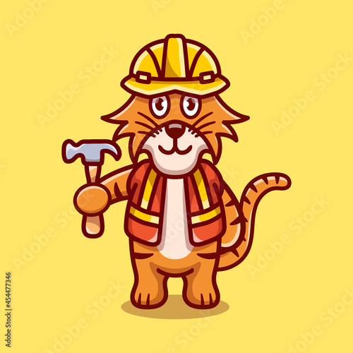 cute tiger builder carrying hammer