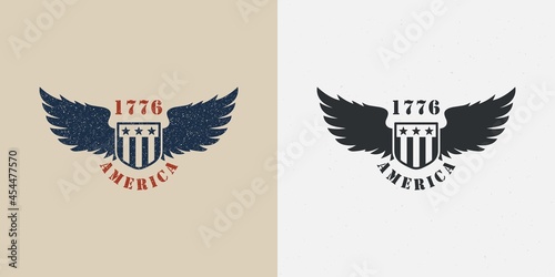 Set of color illustrations of shield, wings, flag and text on the background. Design element for print, badge, emblem, sticker and label. Vector illustration with grunge texture. Symbols of the USA.
