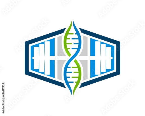 Abstract hexagonal shape with gym barbell and DNA symbol inside