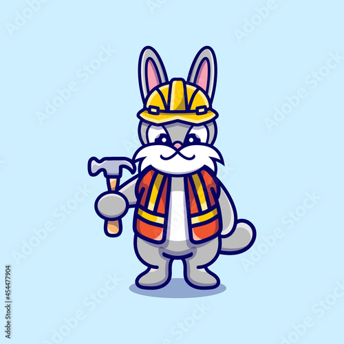 cute bunny builder carrying hammer