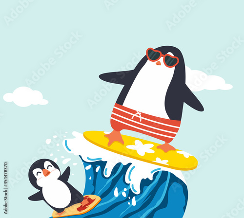 Cute penguin surfing waves cartoon