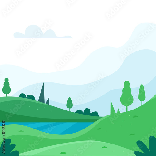 Nature park or forest outdoor background with mountains. Flat cartoon style. Vector illustration