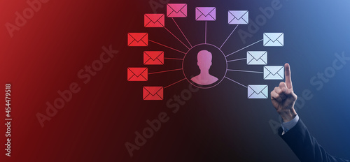 Male hand holding letter icon,email icons .Contact us by newsletter email and protect your personal information from spam mail. Customer service call center contact us.Email marketing and newsletter