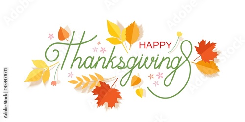 Happy Thanksgiving concept with lettering and orange leaves on a white background