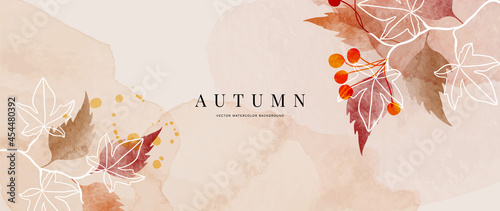 Autumn background design with watercolor brush texture, Flower and botanical leaves watercolor hand drawing. Abstract art wallpaper design for wall arts, wedding and VIP invite card. vector eps10
