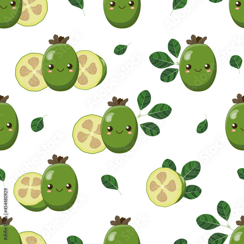 Cute cartoon feijoa fruit with smiling faces, pieces and slices of exotic feijoa fruit with leaves, seamless vector pattern for kids. Happy kawaii feijoa on white background, stylized fruit.