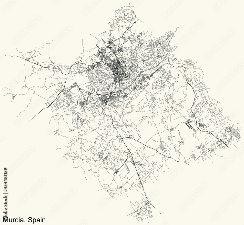 Black simple detailed street roads map on vintage beige background of Murcia, Spain