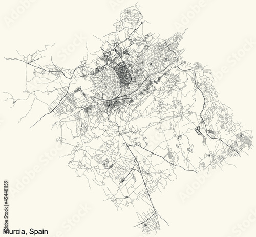 Black simple detailed street roads map on vintage beige background of Murcia, Spain