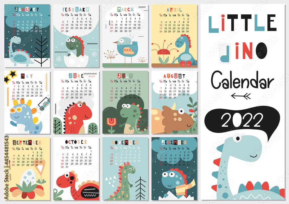 Calendar 2022. Yearly Planner Calendar with all Months. Templates with little dinosaur. Vector illustration. Great for kids, nursery, poster and printable.