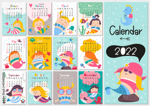Calendar 2022. Yearly Planner Calendar with all Months. Templates with little mermaid. Vector illustration. Great for kids, nursery, poster and printable.