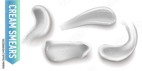 Set of realistic cosmetic cream smears. Skincare product of different body colors. Lotion smooth smear isolated vector texture on white background.