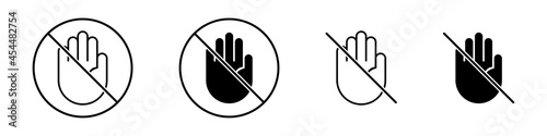 Do not touch icons set. Prohibition sign on the hand. Vector illustration