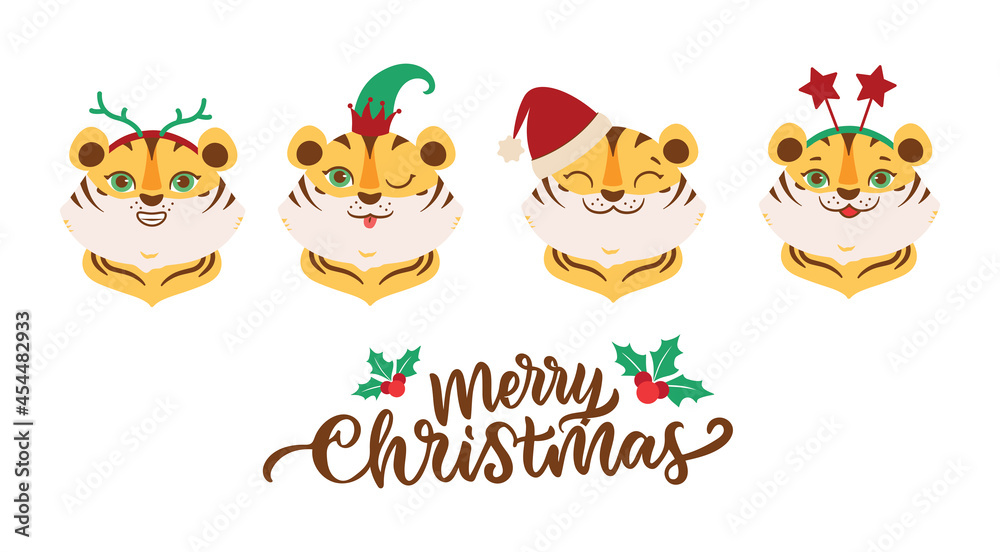 The set of face tigers is good for Merry Christmas and Happy New Year designs. The heads of cartoonish animals and holiday quote is good for logos 2022. The vector illustration The set of face tigers is good for Merry Christmas and Happy New Year designs. The heads of cartoonish animals and holiday quote is good for logos 2022. The vector illustration
