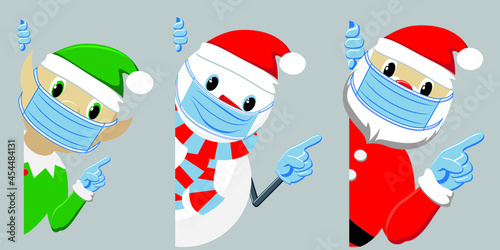 Elf, Snowman and Santa in mouth mask and gloves peep and point your finger. Christmas COVID-19 and social distancing infographic. Vector illustration.