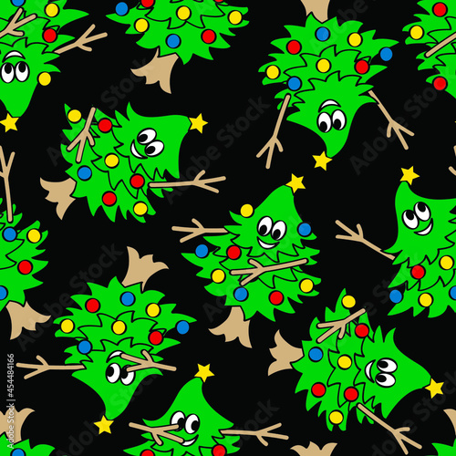 Funny cartoon Cristmas tree dancing hip hop style. Christmas seamless pattern. Vector illustration.