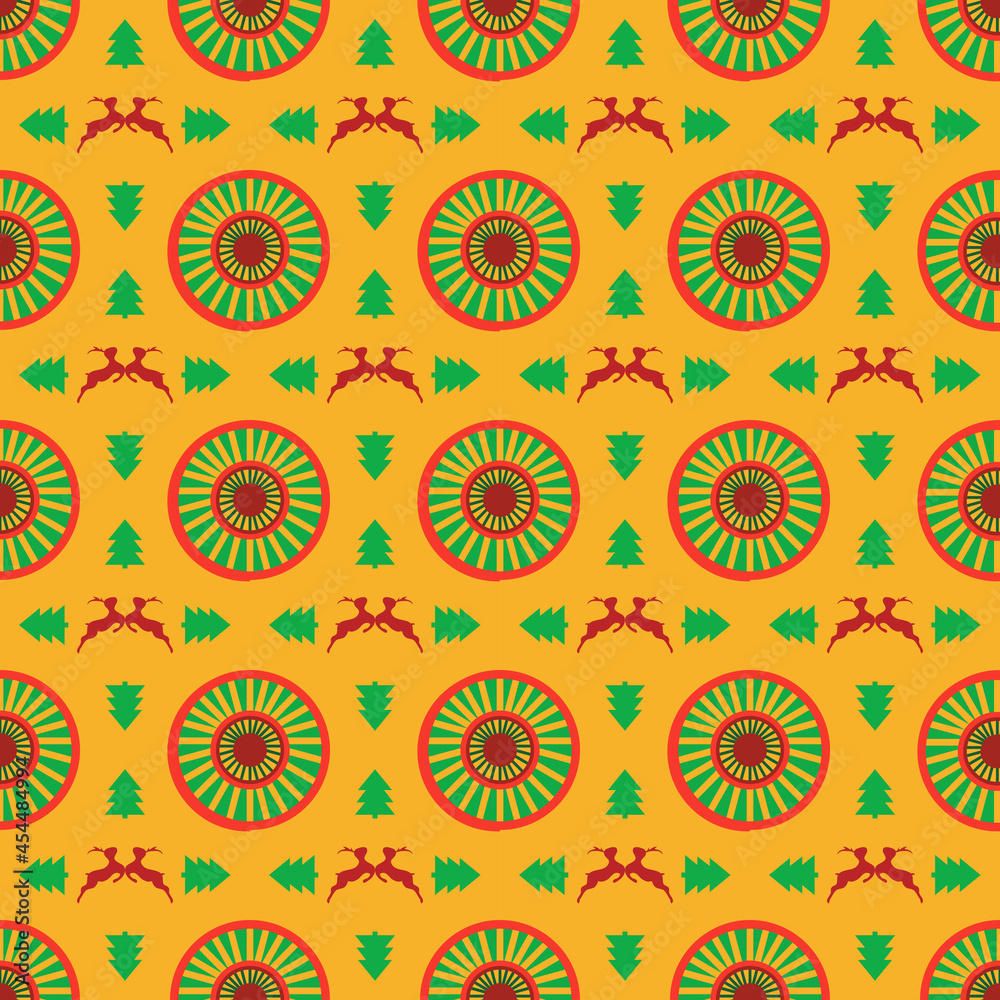 Abstract graphics seamless of circle of green eyeball and red two jumping reindeer on yellow background.Vector design creative for fabric, wrapping, textile, wallpaper, apparel for Christmas festival Abstract graphics seamless of circle of green eyeball and red two jumping reindeer on yellow background.Vector design creative for fabric, wrapping, textile, wallpaper, apparel for Christmas festival