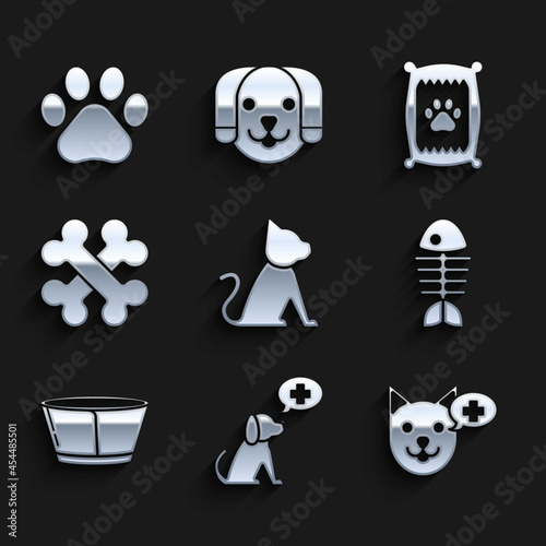Set Cat, Veterinary clinic symbol, Fish skeleton, Protective cone collar, Crossed bones, Bag of food for dog and Paw print icon. Vector