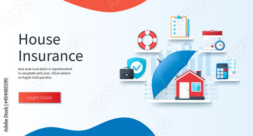House insurance concept. Schedule, calculation, guarantee, certificate, support icons. House care and protection banner. Web vector illustrations in 3D style