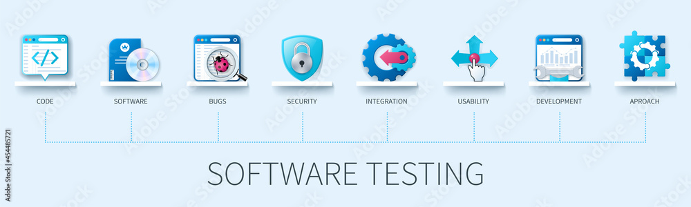 Software testing banner with icons. Code, software, bugs, security ...