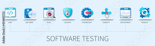 Software testing banner with icons. Code, software, bugs, security, integration, usability, development, approach icons. Business concept. Web vector infographic in 3D style